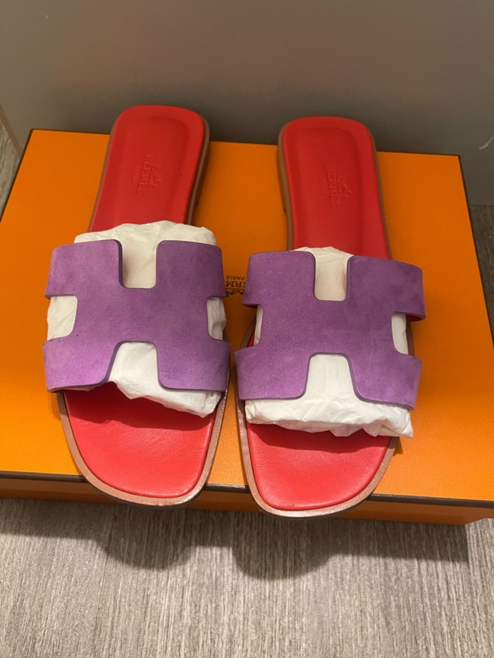 Hermes Purple Suede H‑Cut Slides with Red Footbed - Women - Picture 2 of 4